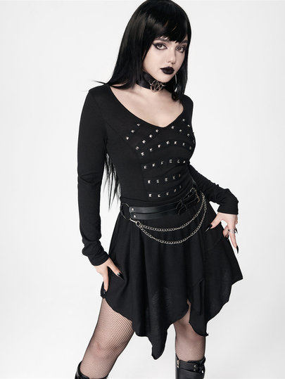 Goth Women's Mid-Length Dress Dark Swamp Asymmetrical Hem Ribbon Foil Punk Music Festival