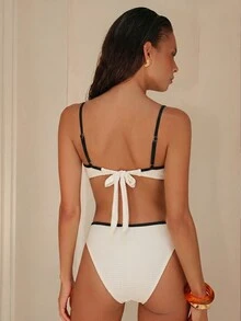 Costavie Women's Summer Beach Party Knitted Jacquard Shell Flower Scalloped Spaghetti Strap Bikini Top Side Hollow Cross Rope Swimwear Set Black And White - White - View 7
