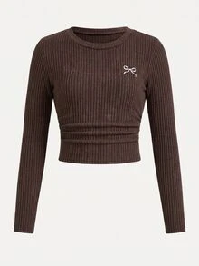 SHEIN طقم من قطعتين للبنات المراهقات بتصميم فيونكة متعدد الاستخدامات، ملابس علوية بأكمام طويلة وبنطال طويل بنقشة أطفال، رمادي فاتح - بني - مشاهدة 3