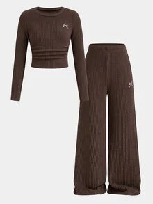 SHEIN طقم من قطعتين للبنات المراهقات بتصميم فيونكة متعدد الاستخدامات، ملابس علوية بأكمام طويلة وبنطال طويل بنقشة أطفال، رمادي فاتح - بني - مشاهدة 5