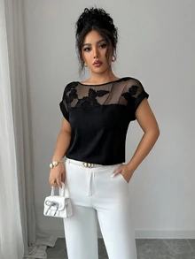 EMERY ROSE Women's Summer New Elegant Vacation & Office Mesh Patchwork Embroidered Short Sleeve Blouse - Black - View 8