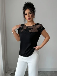 EMERY ROSE Women's Summer New Elegant Vacation & Office Mesh Patchwork Embroidered Short Sleeve Blouse - Black - View 9