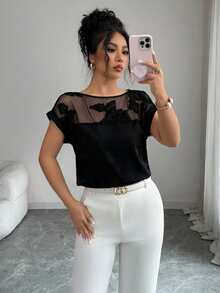 EMERY ROSE Women's Summer New Elegant Vacation & Office Mesh Patchwork Embroidered Short Sleeve Blouse - Black - View 5