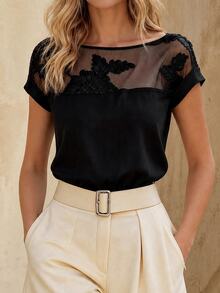 EMERY ROSE Women's Summer New Elegant Vacation & Office Mesh Patchwork Embroidered Short Sleeve Blouse - Black - View 3