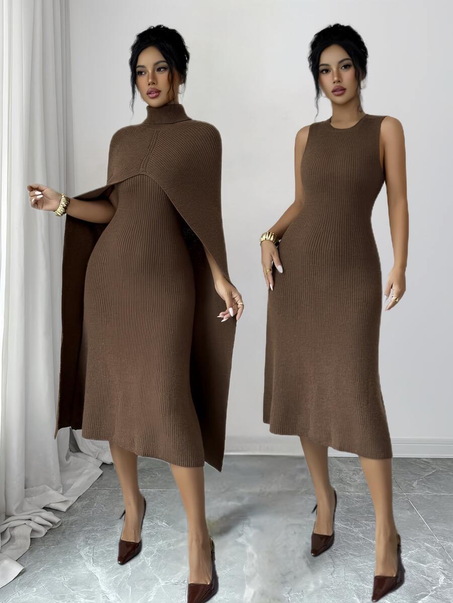 Elenzga Women's Autumn New Sleeveless Tank Dress Mid-Length With Shawl High Neck Elegant Lady Elegant Premium Feel Slimming Knit Two Pieces Set For Date - Coffee Brown - View 1