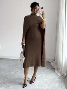 Elenzga Women's Autumn New Sleeveless Tank Dress Mid-Length With Shawl High Neck Elegant Lady Elegant Premium Feel Slimming Knit Two Pieces Set For Date - Coffee Brown - View 5