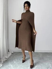 Elenzga Women's Autumn New Sleeveless Tank Dress Mid-Length With Shawl High Neck Elegant Lady Elegant Premium Feel Slimming Knit Two Pieces Set For Date - Coffee Brown - View 3