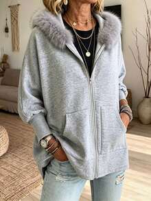 Holdful Holdful Jaket Wanita Musim Dingin Model Lengan Kelelawar dengan Tudung - Grey - View 4