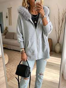 Holdful Holdful Jaket Wanita Musim Dingin Model Lengan Kelelawar dengan Tudung - Grey - View 6
