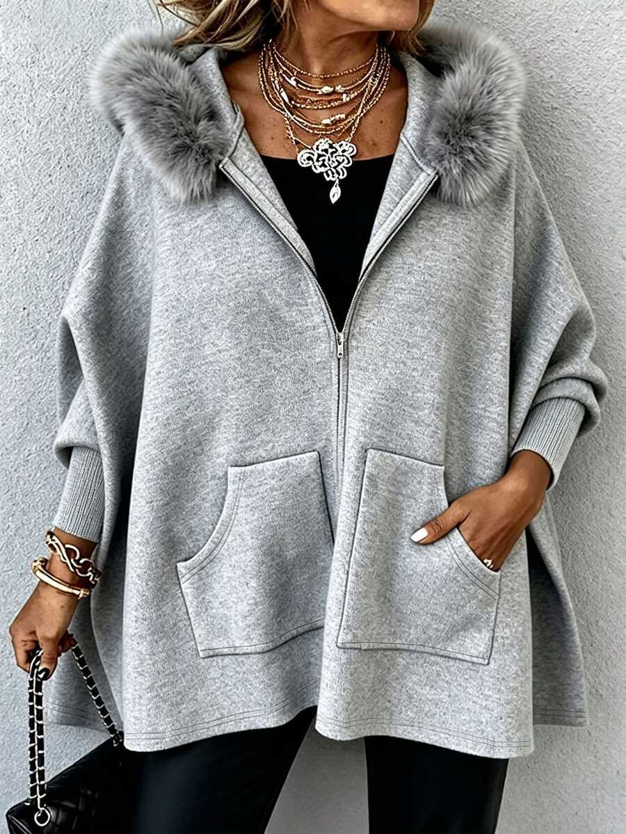 Holdful Holdful Jaket Wanita Musim Dingin Model Lengan Kelelawar dengan Tudung - Grey - View 1