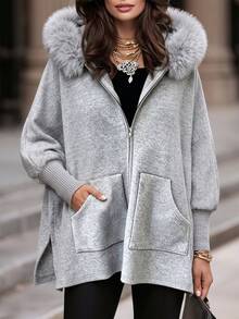 Holdful Holdful Jaket Wanita Musim Dingin Model Lengan Kelelawar dengan Tudung - Grey - View 3