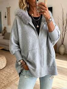 Holdful Holdful Jaket Wanita Musim Dingin Model Lengan Kelelawar dengan Tudung - Grey - View 5