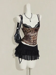 SHEIN ICON 女款豹紋透視細肩帶上衣搭配黑色蕾絲內衣 2件套 - 彩色 - 查看 6