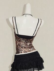SHEIN ICON 女款豹紋透視細肩帶上衣搭配黑色蕾絲內衣 2件套 - 彩色 - 查看 3