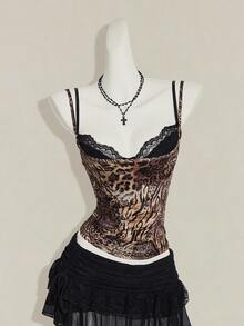 SHEIN ICON 女款豹紋透視細肩帶上衣搭配黑色蕾絲內衣 2件套 - 彩色 - 查看 12
