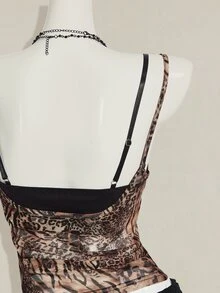 SHEIN ICON 女款豹紋透視細肩帶上衣搭配黑色蕾絲內衣 2件套 - 彩色 - 查看 11