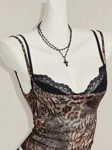SHEIN ICON 女款豹紋透視細肩帶上衣搭配黑色蕾絲內衣 2件套 - 彩色 - 查看 7