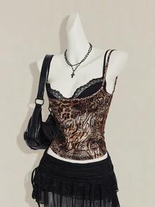 SHEIN ICON 女款豹紋透視細肩帶上衣搭配黑色蕾絲內衣 2件套 - 彩色 - 查看 9