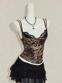 SHEIN ICON 女款豹紋透視細肩帶上衣搭配黑色蕾絲內衣 2件套 - 彩色 - 查看 5