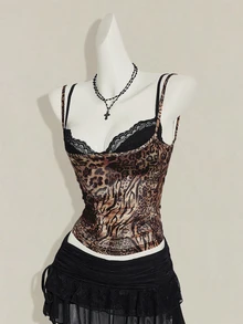 SHEIN ICON 女款豹紋透視細肩帶上衣搭配黑色蕾絲內衣 2件套 - 彩色 - 查看 8
