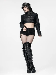 ROMWE Goth Punk Metal Eyelet Design Cropped PU Women's Jacket - Black - View 6