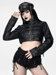 ROMWE Goth Punk Metal Eyelet Design Cropped PU Women's Jacket - Black - View 7