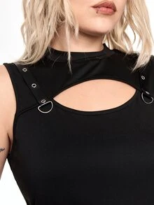 ROMWE Grunge Punk Plus Size Women's Solid Color Eyelet Design Hollow Out Fitted Tank Top - Black - View 2