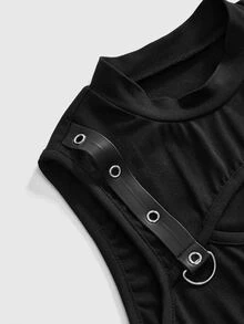 ROMWE Grunge Punk Plus Size Women's Solid Color Eyelet Design Hollow Out Fitted Tank Top - Black - View 3