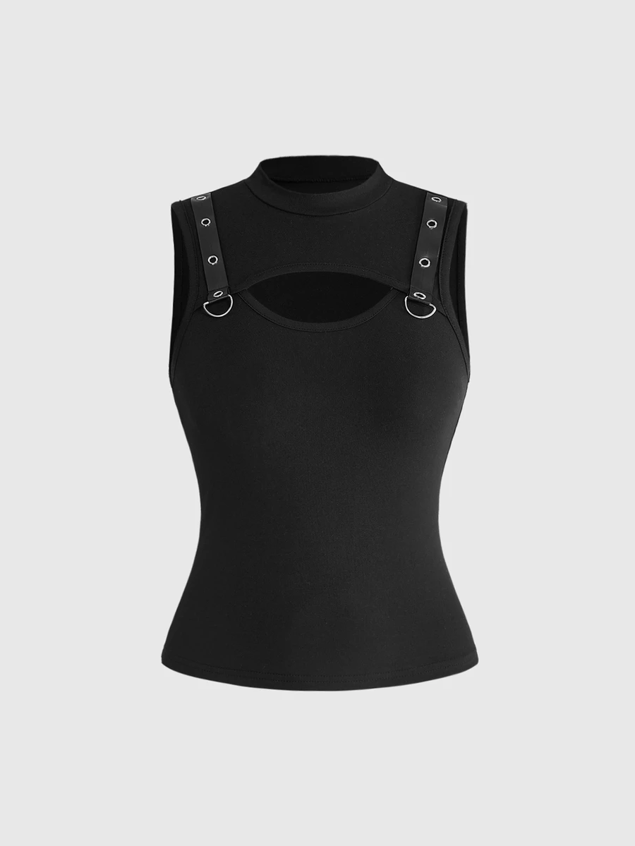 ROMWE Grunge Punk Plus Size Women's Solid Color Eyelet Design Hollow Out Fitted Tank Top - Black - View 1