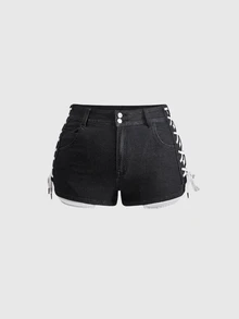 ROMWE Y2K Avant-Garde Sexy Tight Side Lace-Up Super Short Denim Shorts For Plus Size Women - Black - View 4
