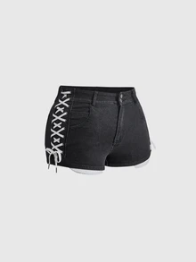 ROMWE Y2K Avant-Garde Sexy Tight Side Lace-Up Super Short Denim Shorts For Plus Size Women - Black - View 2