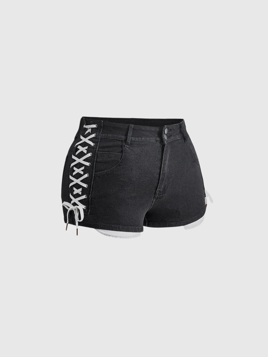 ROMWE Y2K Avant-Garde Sexy Tight Side Lace-Up Super Short Denim Shorts For Plus Size Women - Black - View 1
