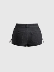 ROMWE Y2K Avant-Garde Sexy Tight Side Lace-Up Super Short Denim Shorts For Plus Size Women - Black - View 5