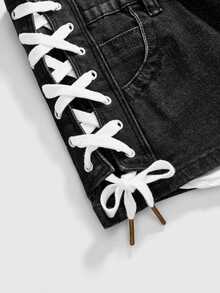 ROMWE Y2K Avant-Garde Sexy Tight Side Lace-Up Super Short Denim Shorts For Plus Size Women - Black - View 3