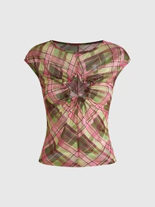 ROMWE Kawaii Plus Plaid Print Ring Linked Star Cut Out Top - Multicolor - View 5