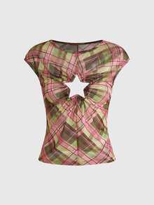 ROMWE Kawaii Plus Plaid Print Ring Linked Star Cut Out Top - Multicolor - View 1