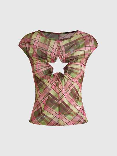 ROMWE Kawaii Plus Plaid Print Ring Linked Star Cut Out Top