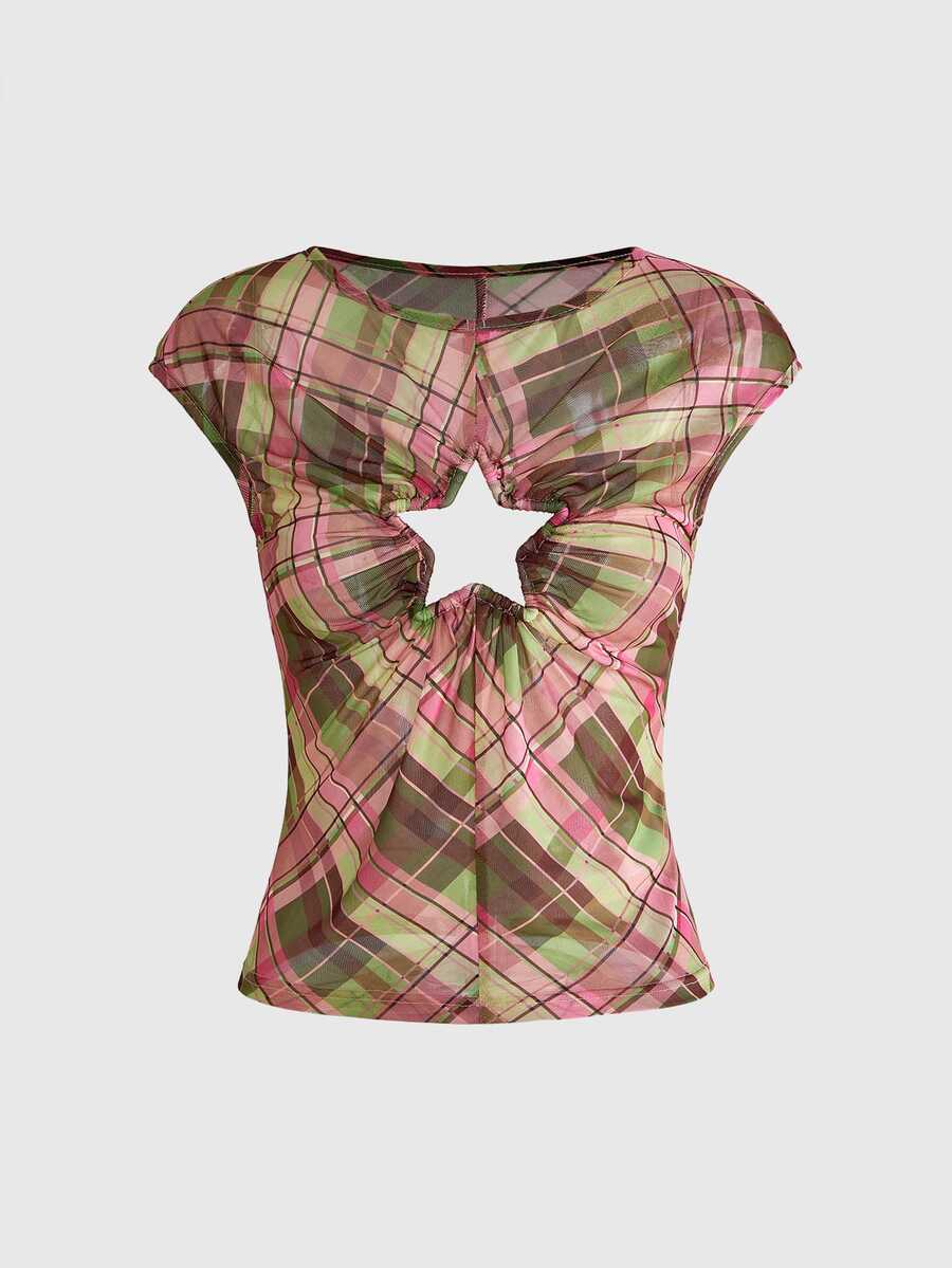 ROMWE Kawaii Plus Plaid Print Ring Linked Star Cut Out Top - Multicolor - View 1