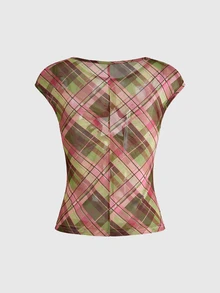 ROMWE Kawaii Plus Plaid Print Ring Linked Star Cut Out Top - Multicolor - View 2