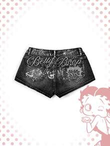 Betty Boop | ROMWE Y2K Embroidered Silver Foil Mini Plus Size Denim Shorts - Black - View 1