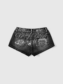 Betty Boop | ROMWE Y2K Embroidered Silver Foil Mini Plus Size Denim Shorts - Black - View 5
