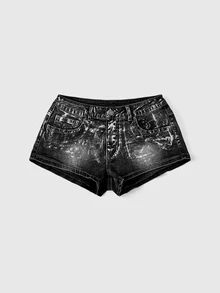 Betty Boop | ROMWE Y2K Embroidered Silver Foil Mini Plus Size Denim Shorts - Black - View 4