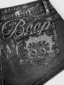Betty Boop | ROMWE Y2K Embroidered Silver Foil Mini Plus Size Denim Shorts - Black - View 2