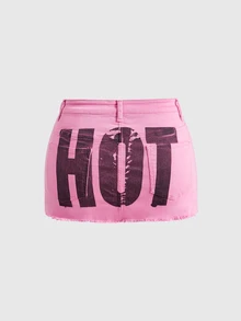ROMWE Rok Denim Mini Plus Size Seksi Warna Pink untuk Wanita dengan Motif Huruf, Era Milenium Y2K - Berwarna merah muda - View 1