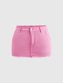 ROMWE Rok Denim Mini Plus Size Seksi Warna Pink untuk Wanita dengan Motif Huruf, Era Milenium Y2K - Berwarna merah muda - View 2