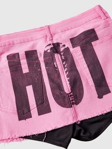 ROMWE Rok Denim Mini Plus Size Seksi Warna Pink untuk Wanita dengan Motif Huruf, Era Milenium Y2K - Berwarna merah muda - View 4