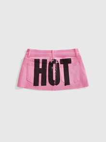 ROMWE Rok Denim Mini Plus Size Seksi Warna Pink untuk Wanita dengan Motif Huruf, Era Milenium Y2K - Berwarna merah muda - View 5