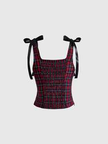 ROMWE Academia Camisole Ukuran Besar dengan Motif Pita Kotak-kotak Lucu Bergaya Vintage, Skema Warna Merah & Hitam, dan Pinggang Elastis - MultiWarna - View 2