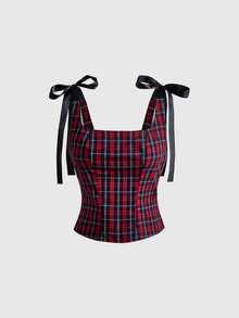 ROMWE Academia Camisole Ukuran Besar dengan Motif Pita Kotak-kotak Lucu Bergaya Vintage, Skema Warna Merah & Hitam, dan Pinggang Elastis - MultiWarna - View 1