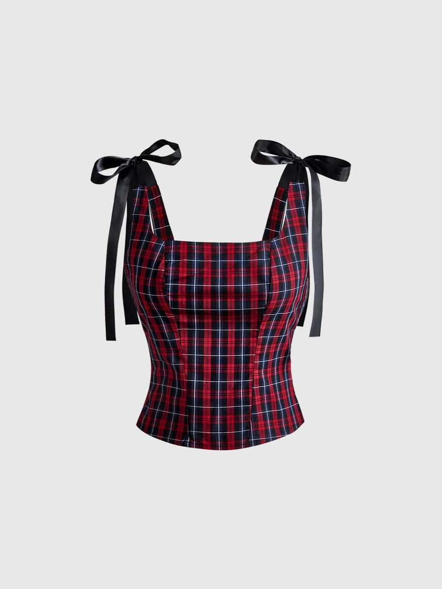 ROMWE Academia Camisole Ukuran Besar dengan Motif Pita Kotak-kotak Lucu Bergaya Vintage, Skema Warna Merah & Hitam, dan Pinggang Elastis - MultiWarna - View 1